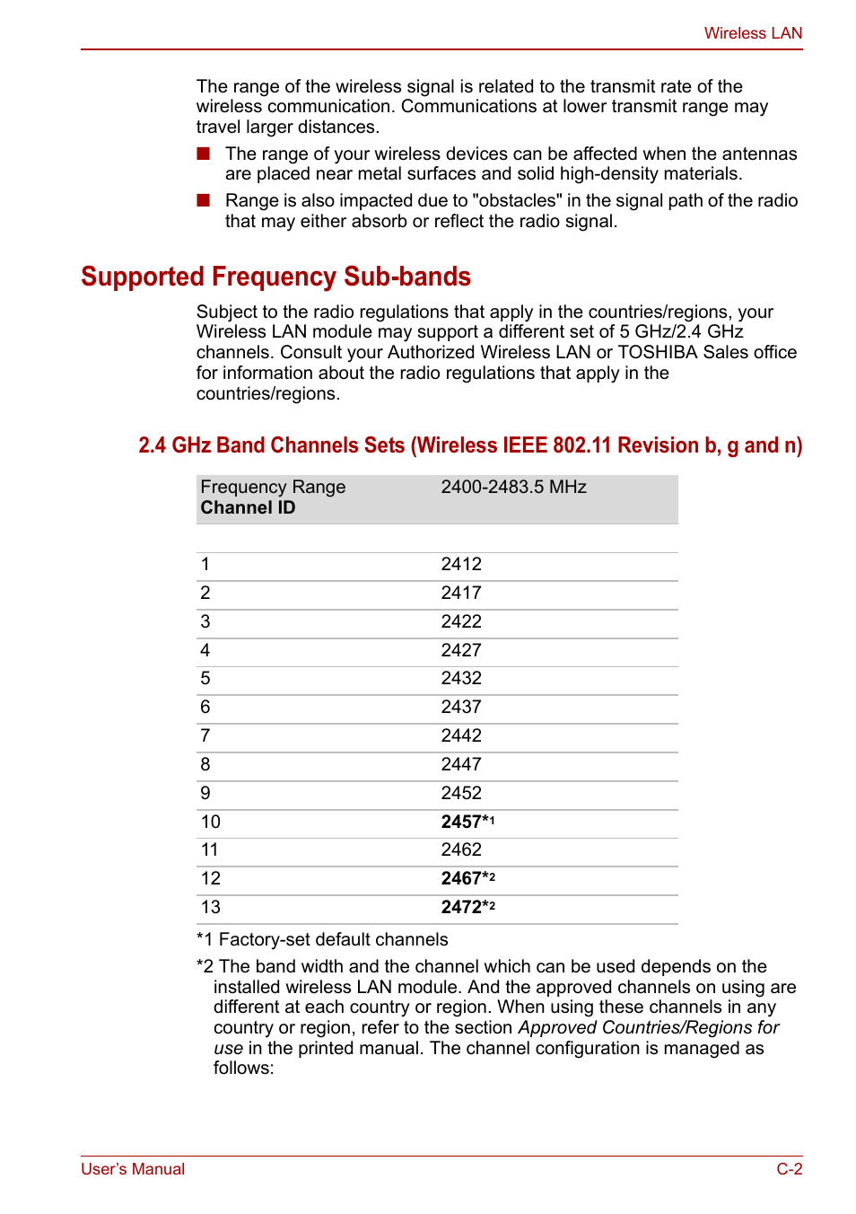 Supported frequency sub-bands | Toshiba Satellite Pro L650 User Manual | Page 152 / 171