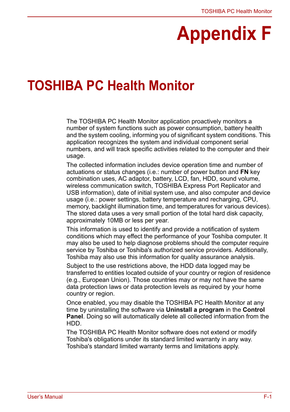 Appendix f: toshiba pc health monitor, Appendix f, Toshiba pc health monitor | Toshiba pc health, Monitor | Toshiba Satellite Pro L650 User Manual | Page 159 / 171