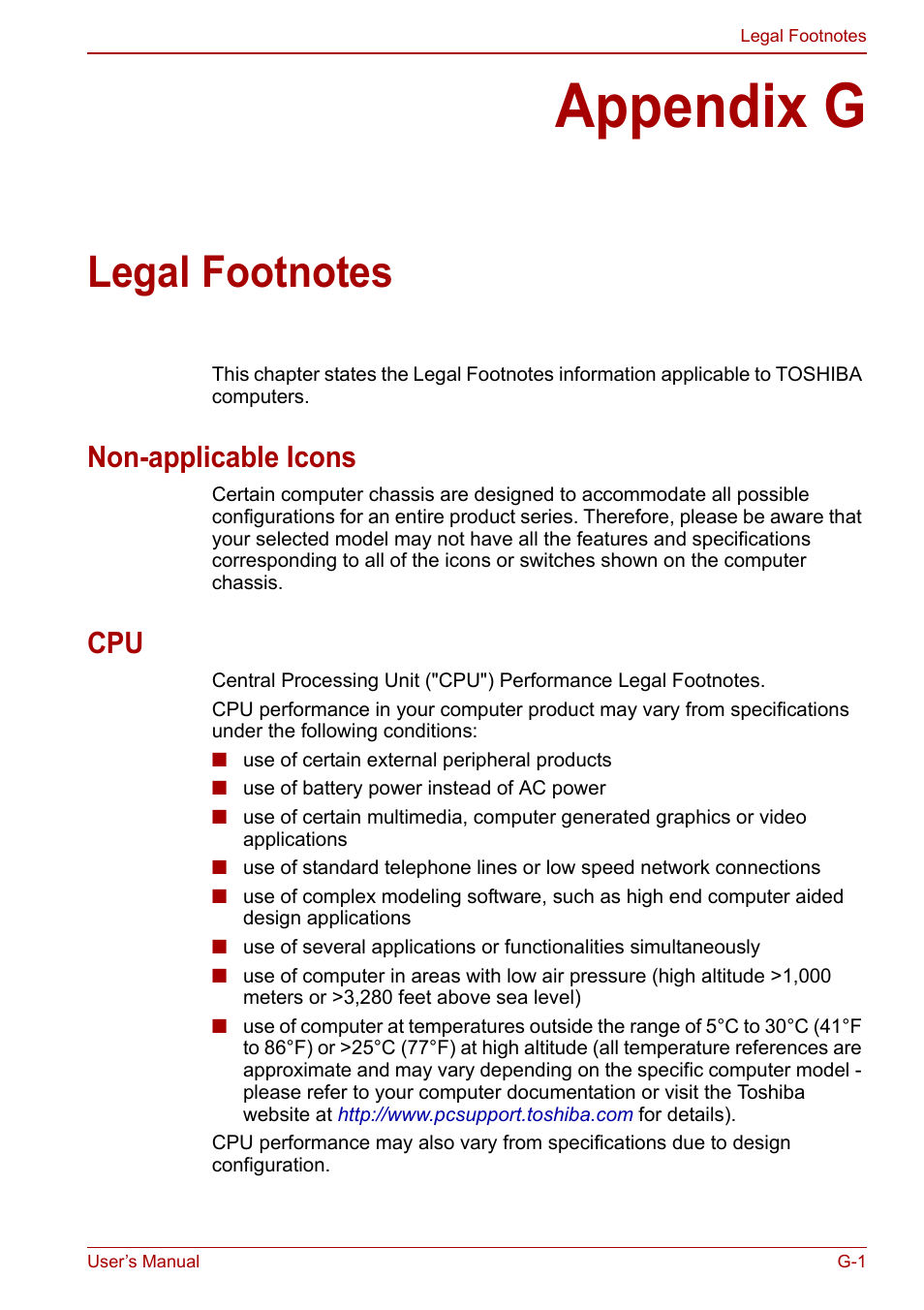 Appendix g: legal footnotes, Appendix g, Legal footnotes | Non-applicable icons | Toshiba Satellite Pro L650 User Manual | Page 161 / 171