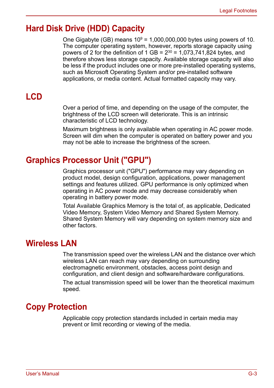 Hard disk drive (hdd) capacity, Graphics processor unit ("gpu"), Wireless lan | Copy protection | Toshiba Satellite Pro L650 User Manual | Page 163 / 171