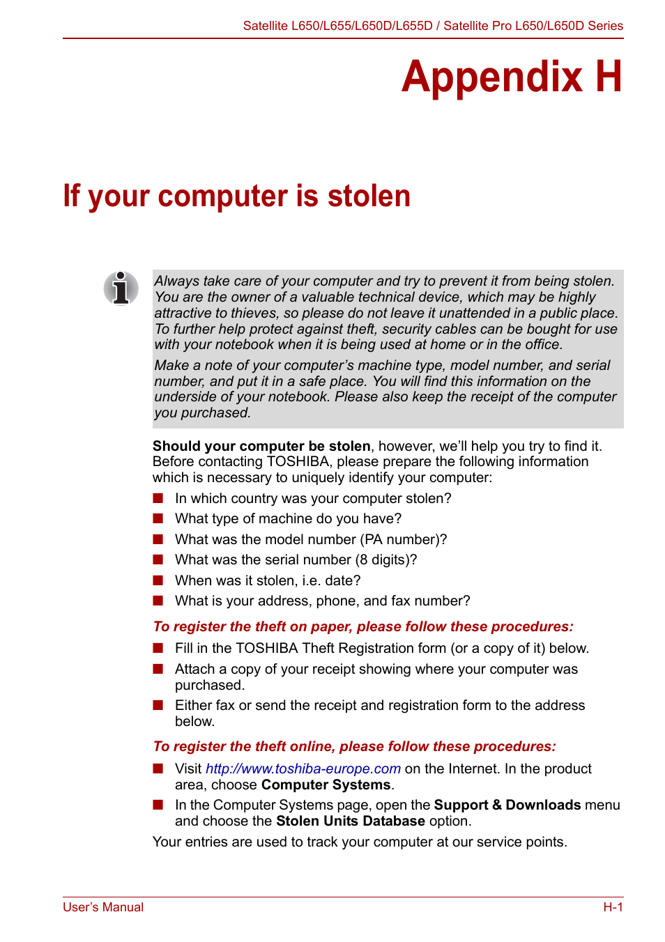 Appendix h: if your computer is stolen, Appendix h, If your computer is stolen | Toshiba Satellite Pro L650 User Manual | Page 164 / 171