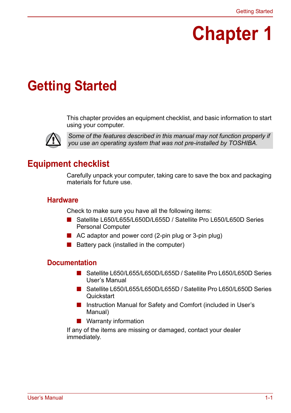 Chapter 1: getting started, Equipment checklist, Chapter 1 | Getting started, Equipment checklist -1 | Toshiba Satellite Pro L650 User Manual | Page 20 / 171