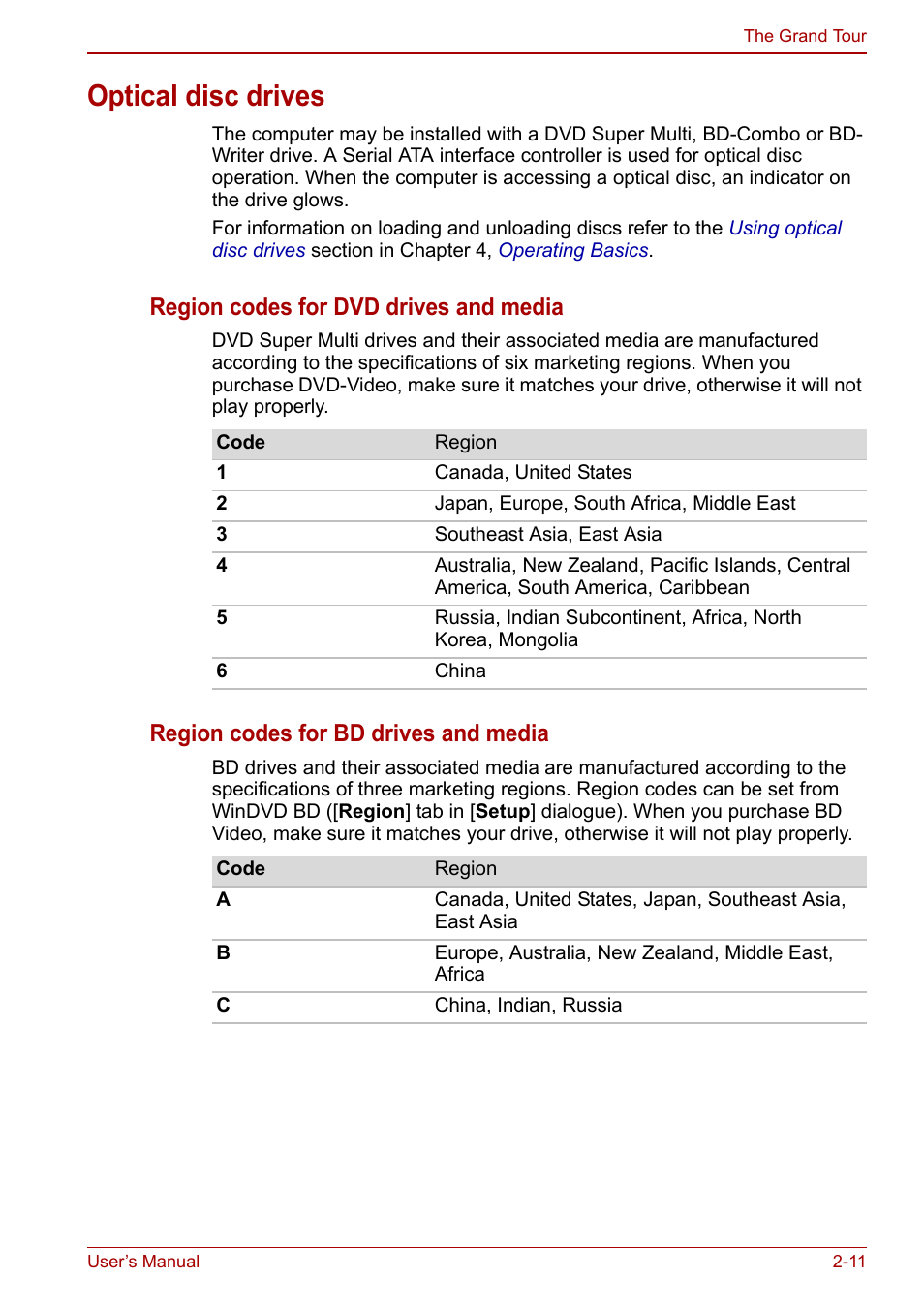 Optical disc drives, Optical disc drives -11, Region codes for dvd drives and media | Region codes for bd drives and media | Toshiba Satellite Pro L650 User Manual | Page 45 / 171