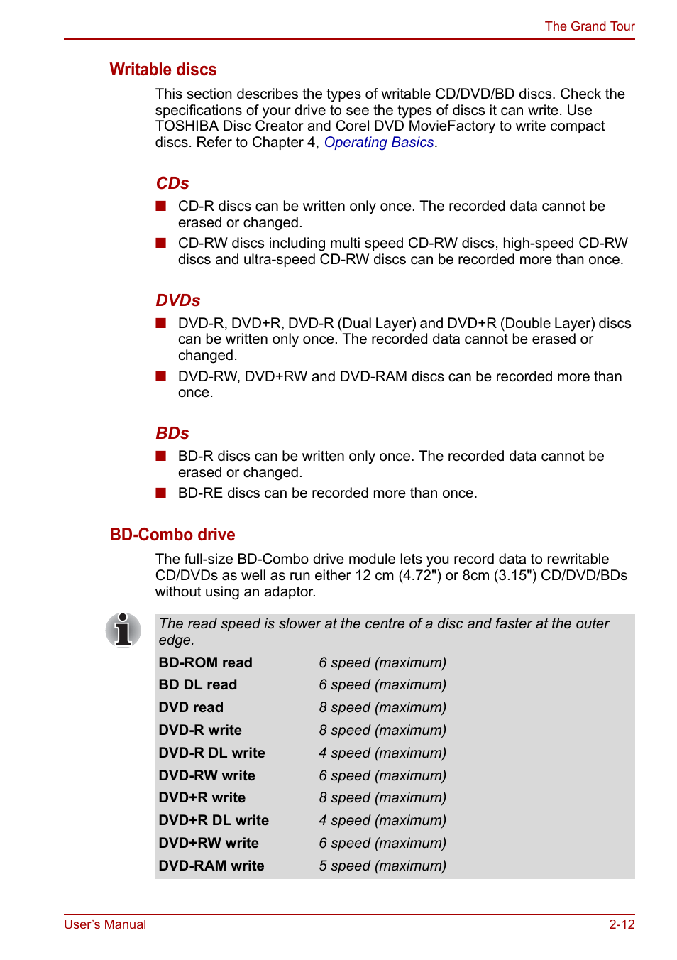 Writable discs, Bd-combo drive | Toshiba Satellite Pro L650 User Manual | Page 46 / 171