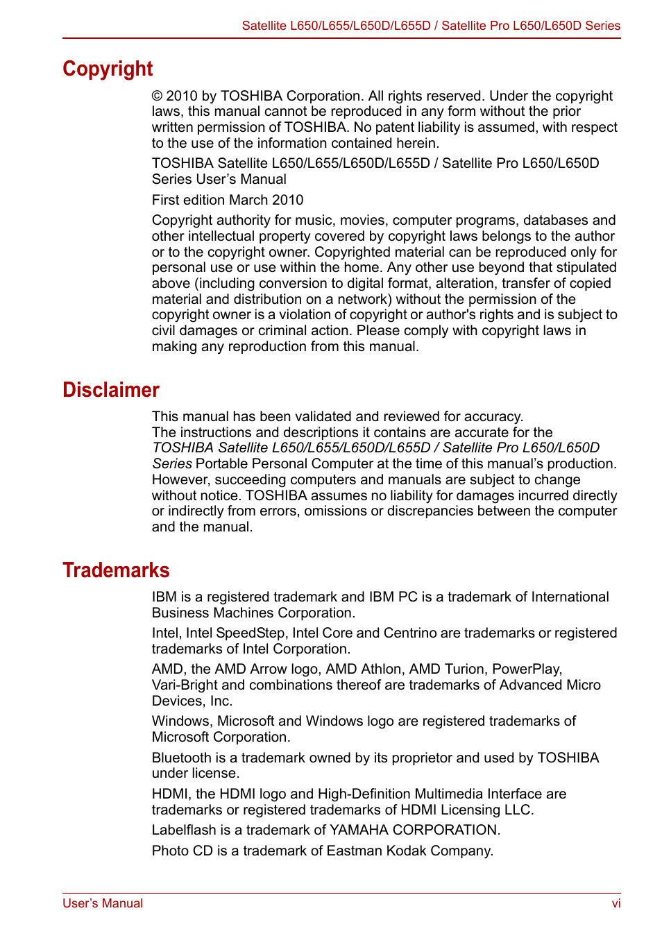 Copyright, Disclaimer, Trademarks | Toshiba Satellite Pro L650 User Manual | Page 5 / 171