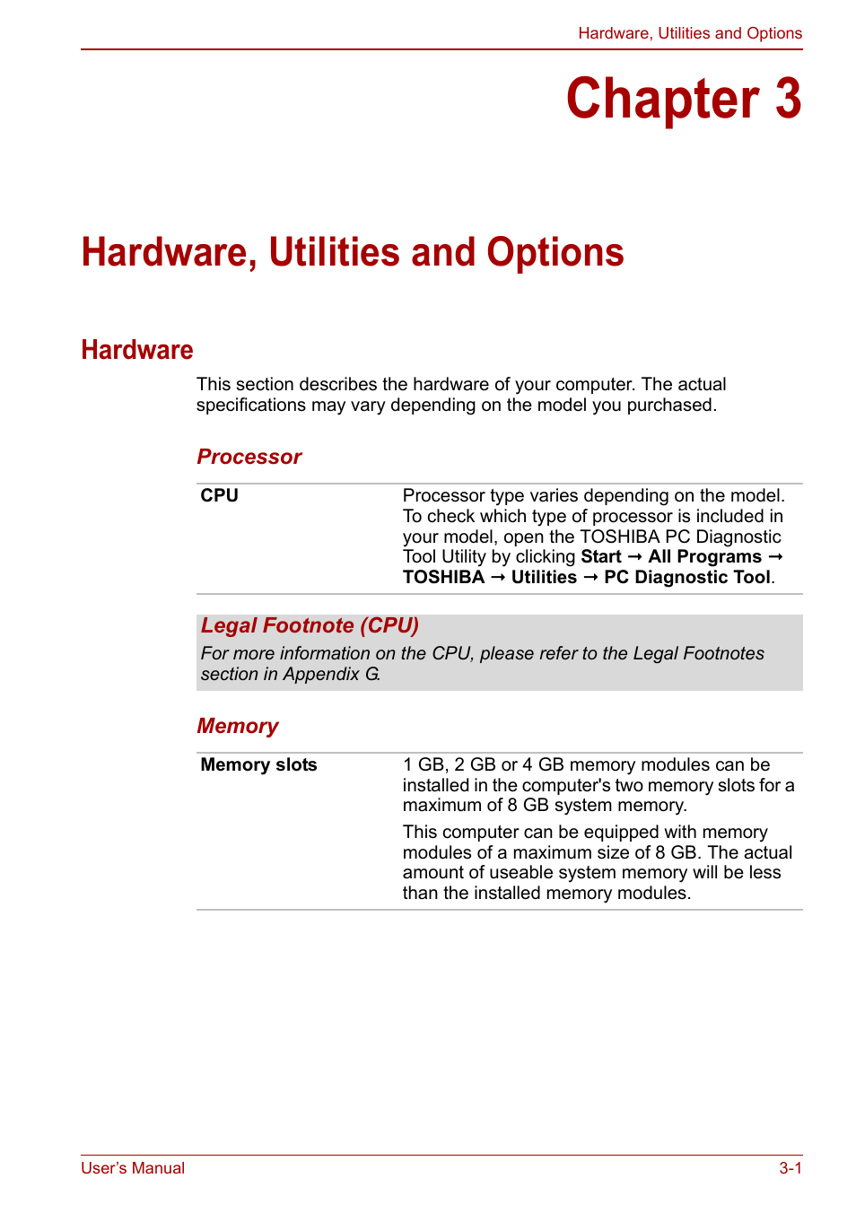 Chapter 3: hardware, utilities and options, Hardware, Chapter 3 | Hardware, utilities and options, Hardware -1, Utilities and options, Apter 3, Ter 3 | Toshiba Satellite Pro L650 User Manual | Page 50 / 171