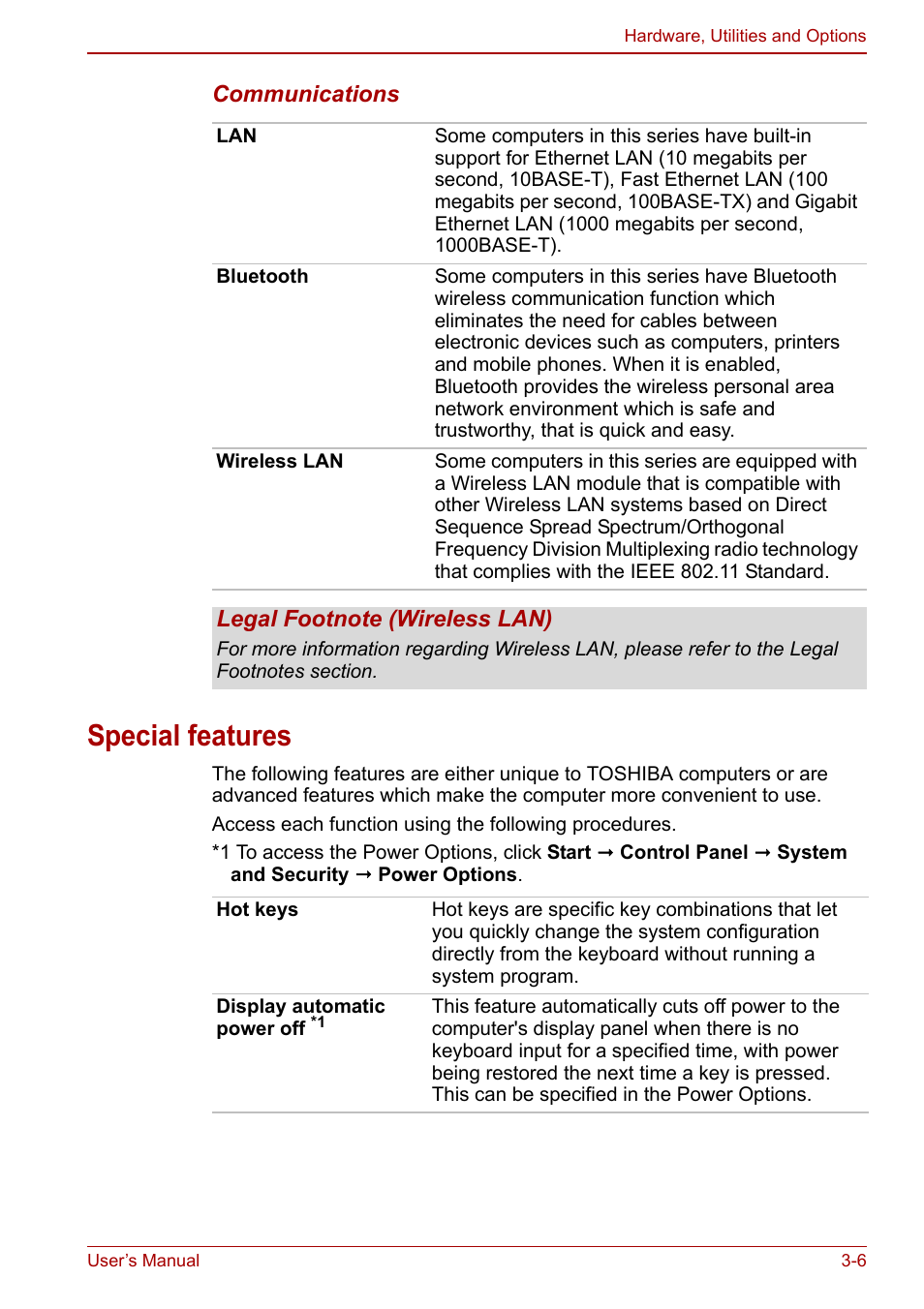 Special features, Special features -6, Special | Features, Section in | Toshiba Satellite Pro L650 User Manual | Page 55 / 171