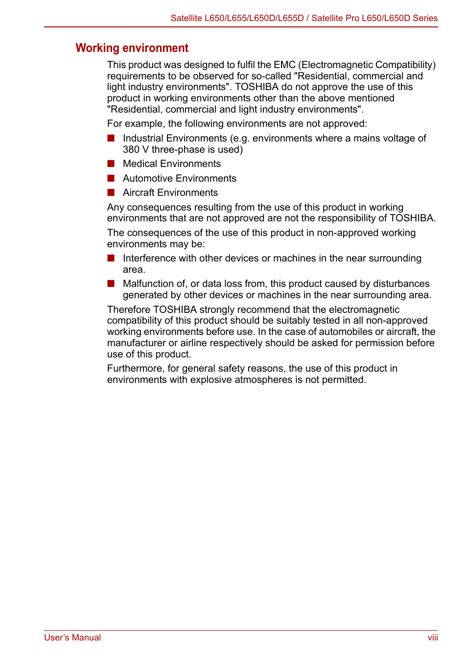 Working environment | Toshiba Satellite Pro L650 User Manual | Page 7 / 171