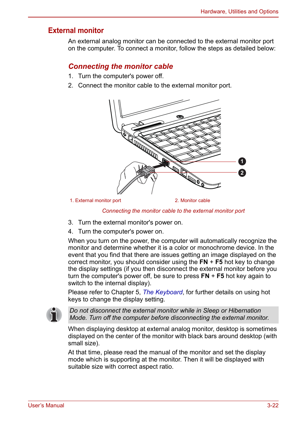 External monitor, Connecting the monitor cable | Toshiba Satellite Pro L650 User Manual | Page 71 / 171