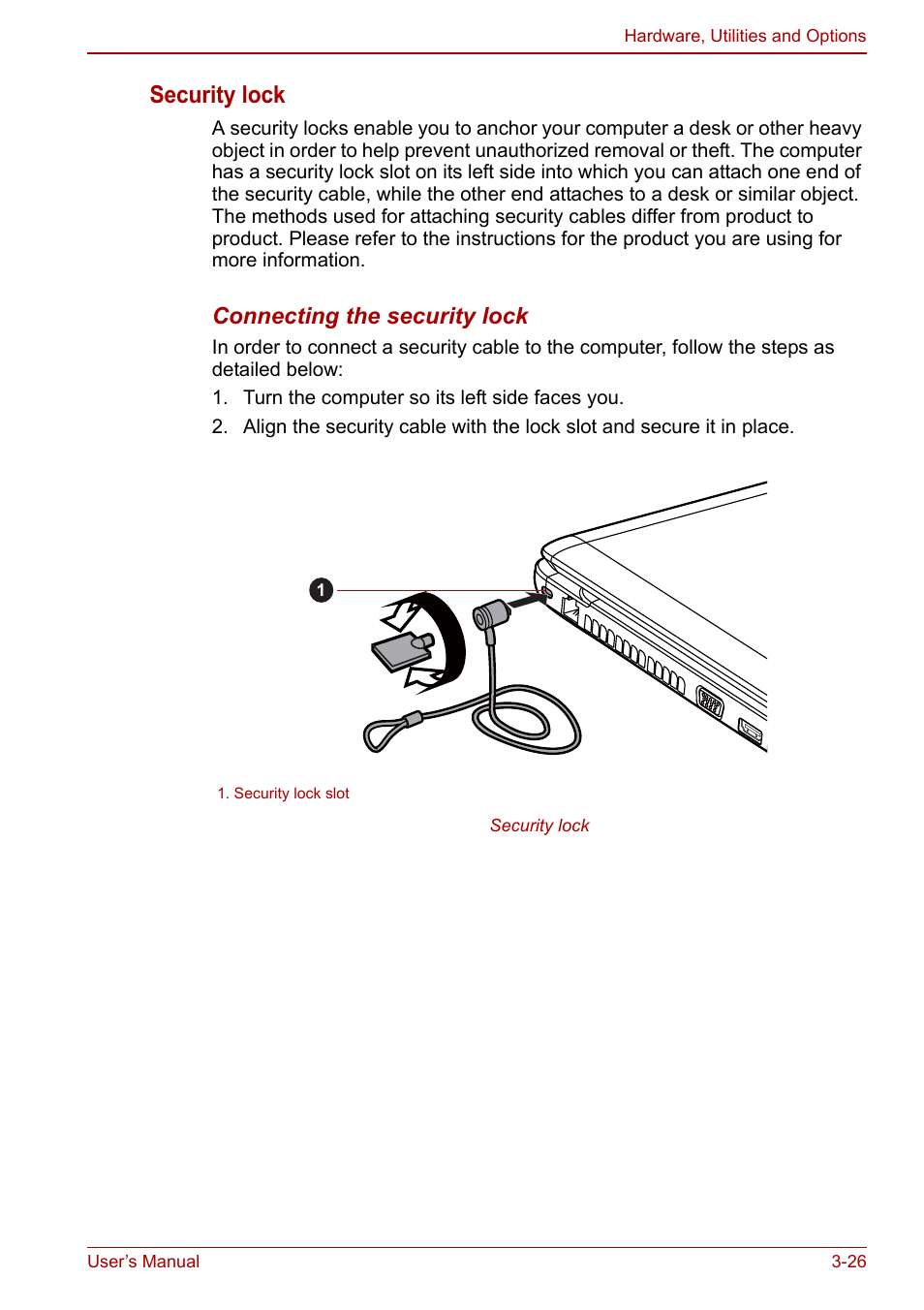 Security lock, Connecting the security lock | Toshiba Satellite Pro L650 User Manual | Page 75 / 171