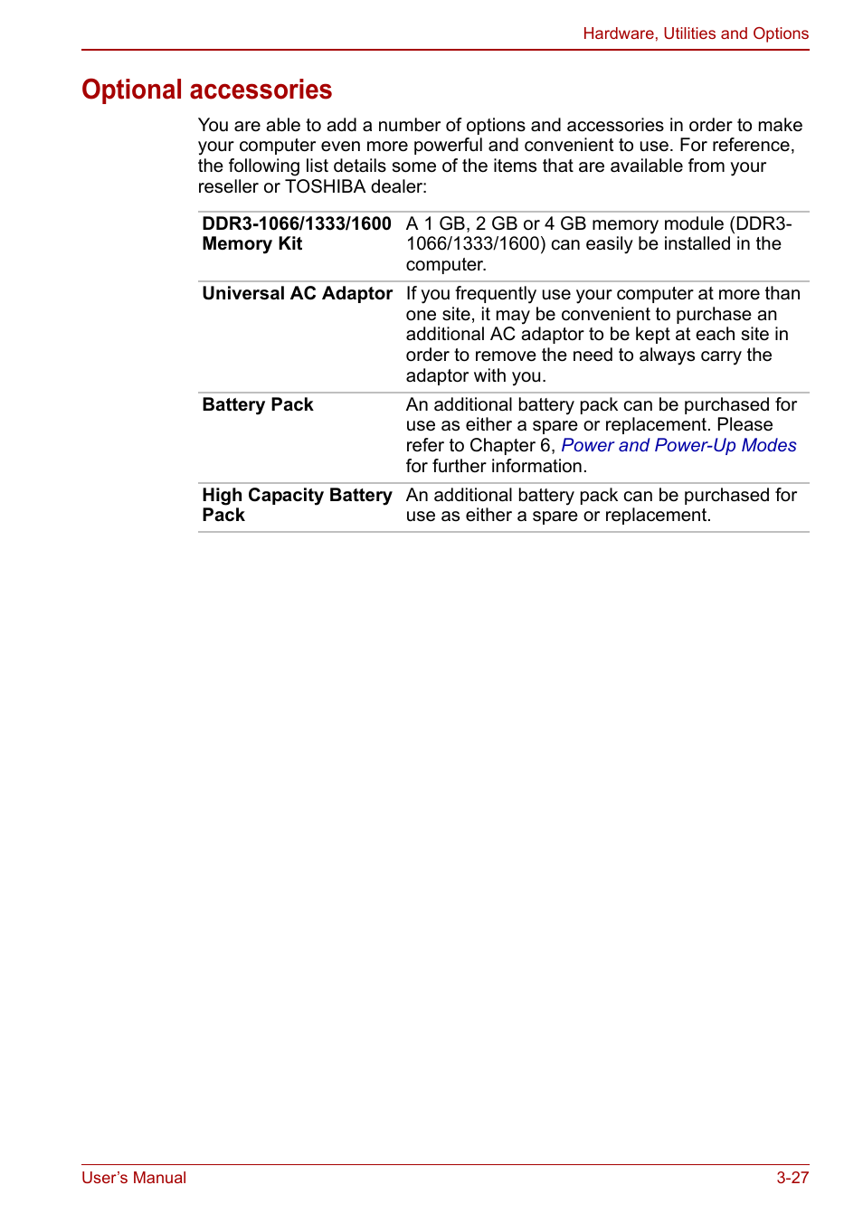 Optional accessories, Optional accessories -27 | Toshiba Satellite Pro L650 User Manual | Page 76 / 171