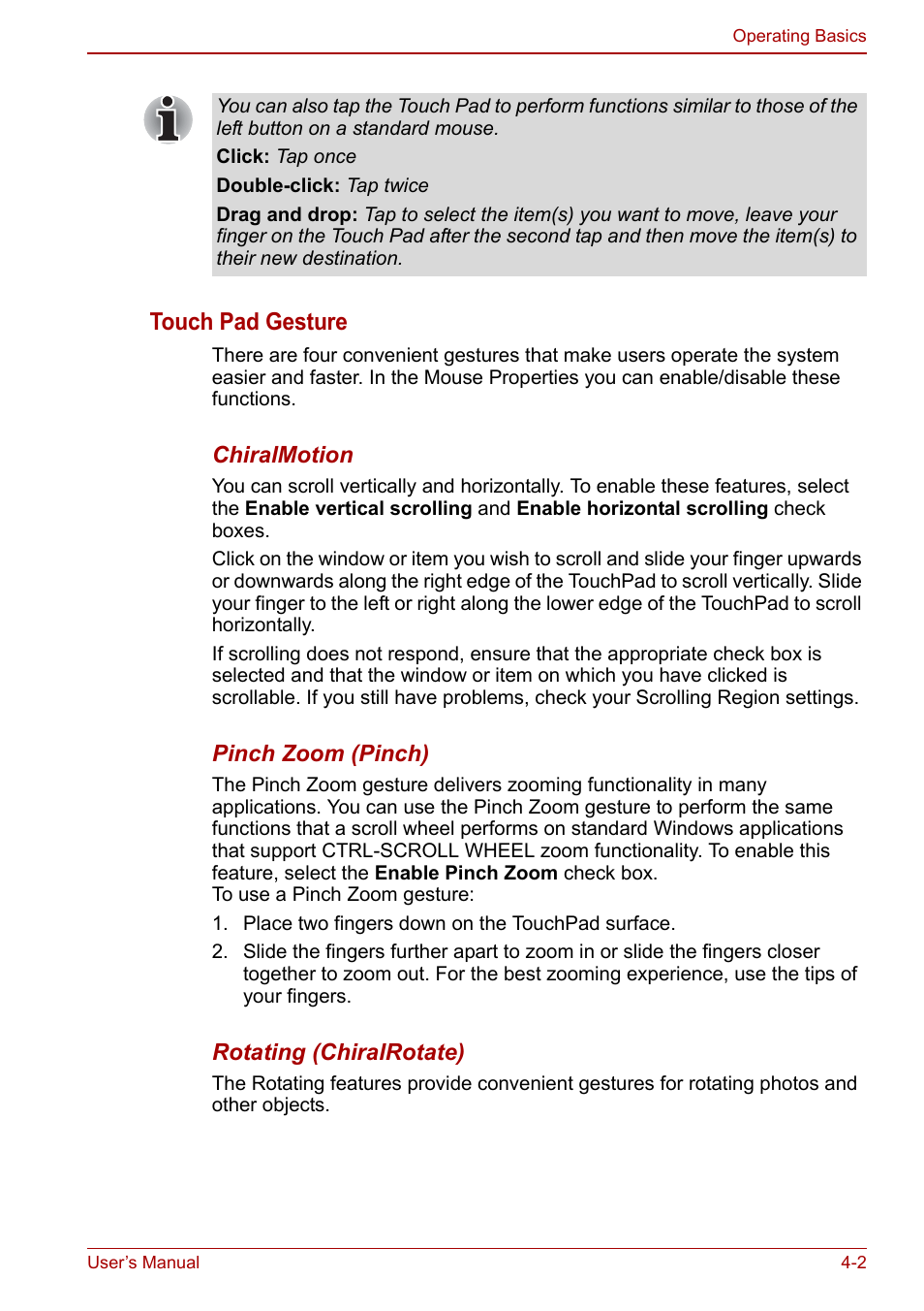 Touch pad gesture | Toshiba Satellite Pro L650 User Manual | Page 78 / 171