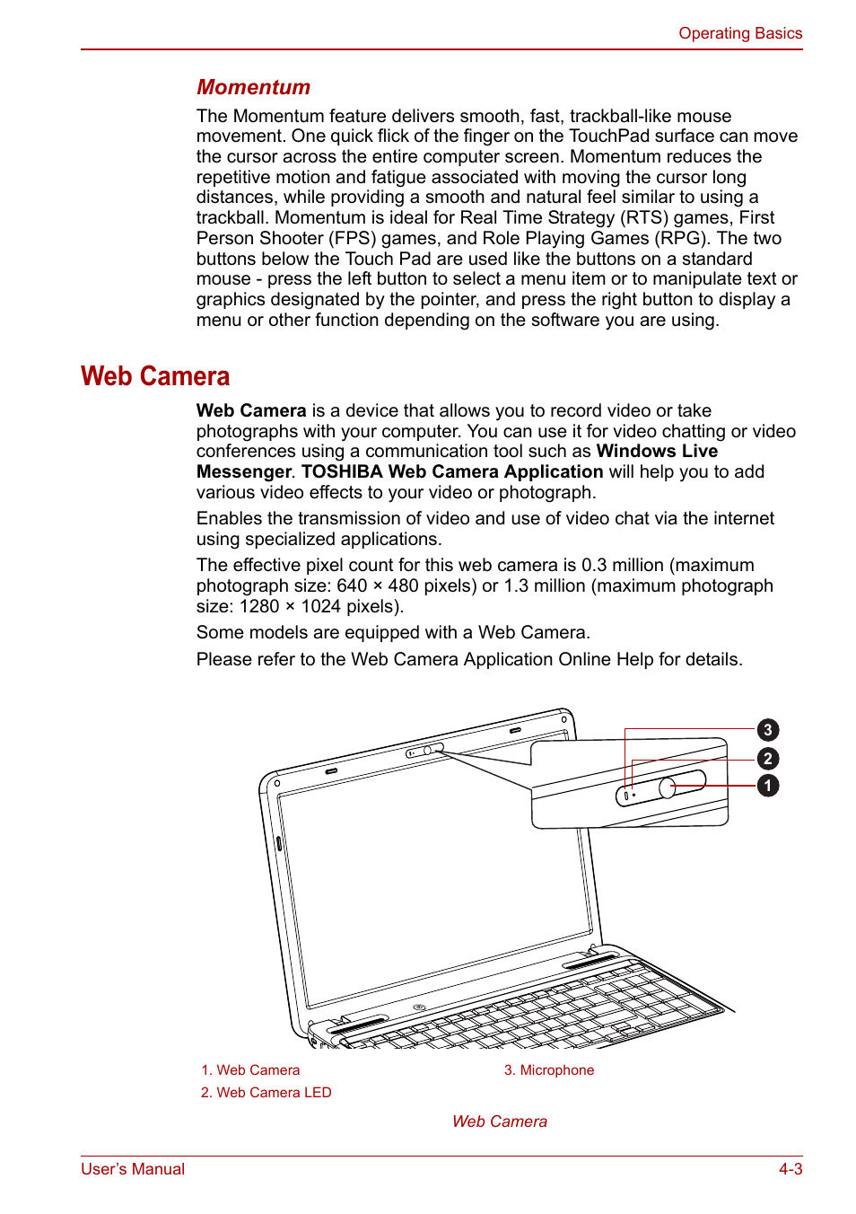 Web camera, Web camera -3, Momentum | Toshiba Satellite Pro L650 User Manual | Page 79 / 171