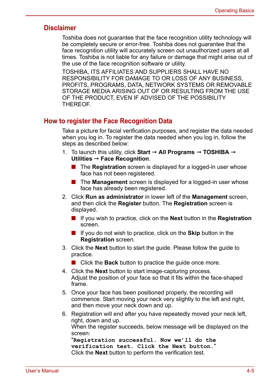 Disclaimer, How to register the face recognition data | Toshiba Satellite Pro L650 User Manual | Page 81 / 171