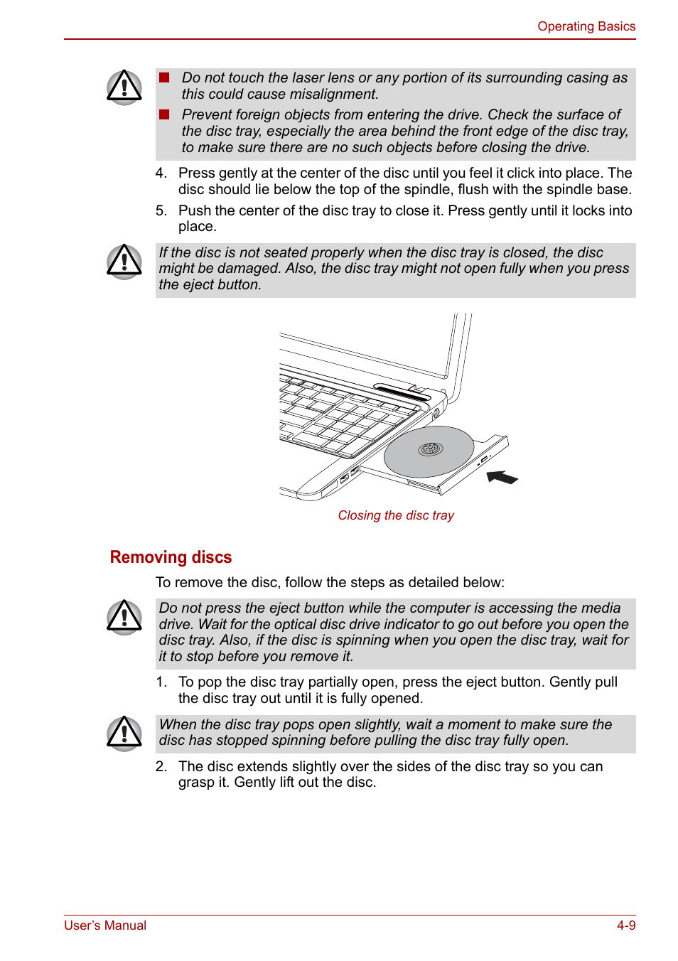 Removing discs | Toshiba Satellite Pro L650 User Manual | Page 85 / 171