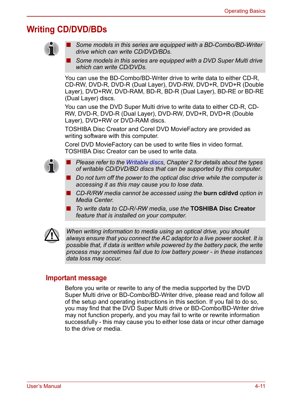 Writing cd/dvd/bds, Writing cd/dvd/bds -11, Important message | Toshiba Satellite Pro L650 User Manual | Page 87 / 171