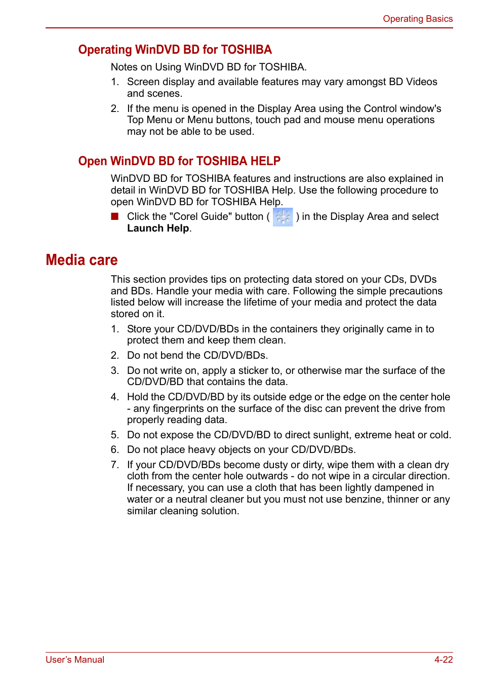 Media care, Media care -22, Operating windvd bd for toshiba | Open windvd bd for toshiba help | Toshiba Satellite Pro L650 User Manual | Page 98 / 171