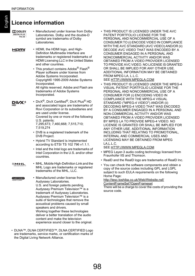 Licence information | Toshiba M8365 User Manual | Page 98 / 103