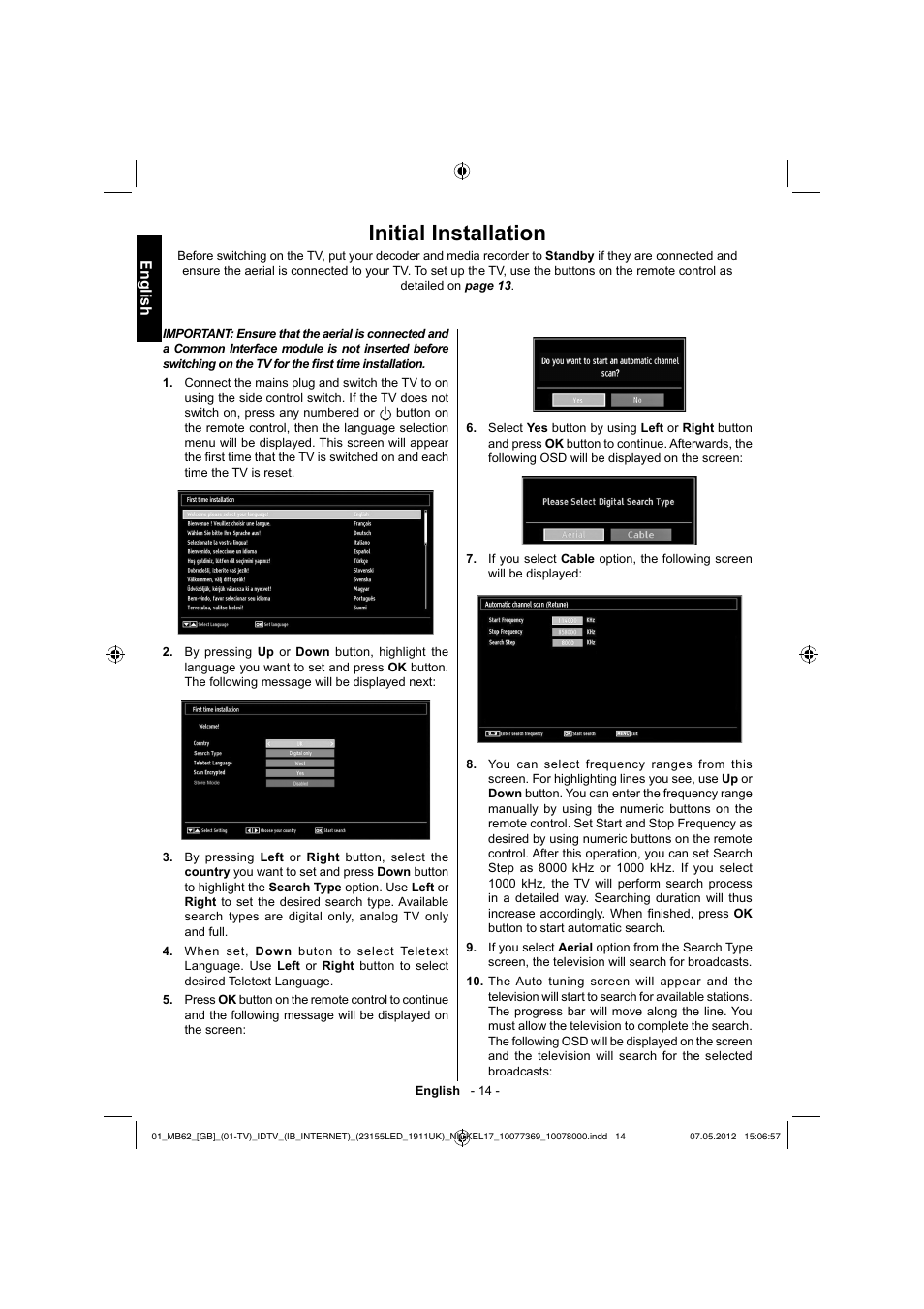 Initial installation, English | Toshiba KL934 User Manual | Page 15 / 55