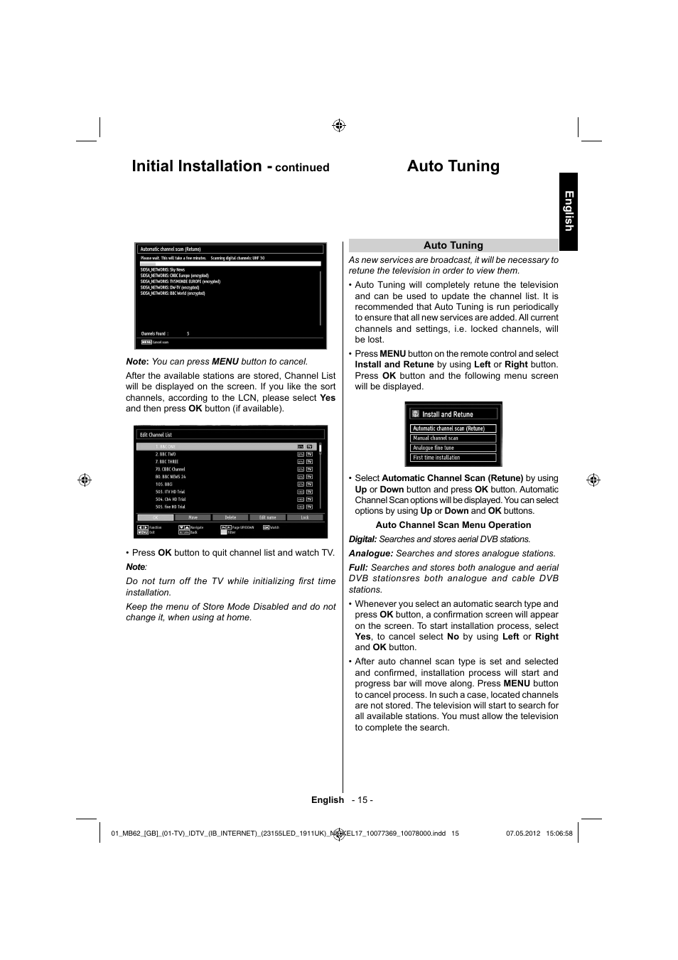 Auto tuning initial installation | Toshiba KL934 User Manual | Page 16 / 55