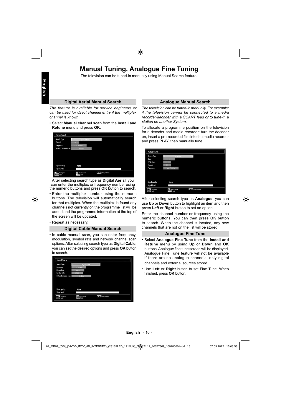 Manual tuning, analogue fine tuning, English | Toshiba KL934 User Manual | Page 17 / 55