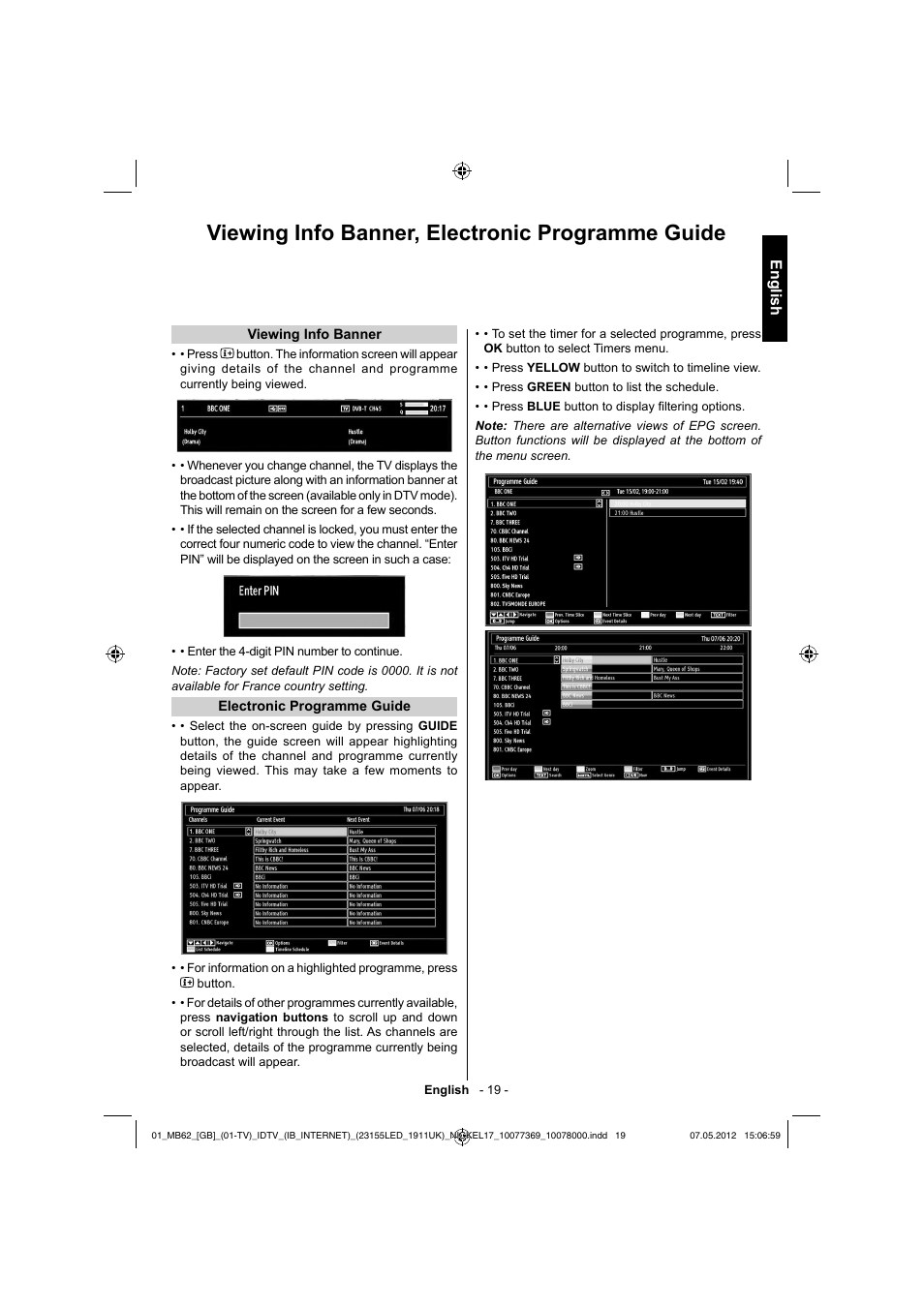 Viewing info banner, electronic programme guide, English | Toshiba KL934 User Manual | Page 20 / 55