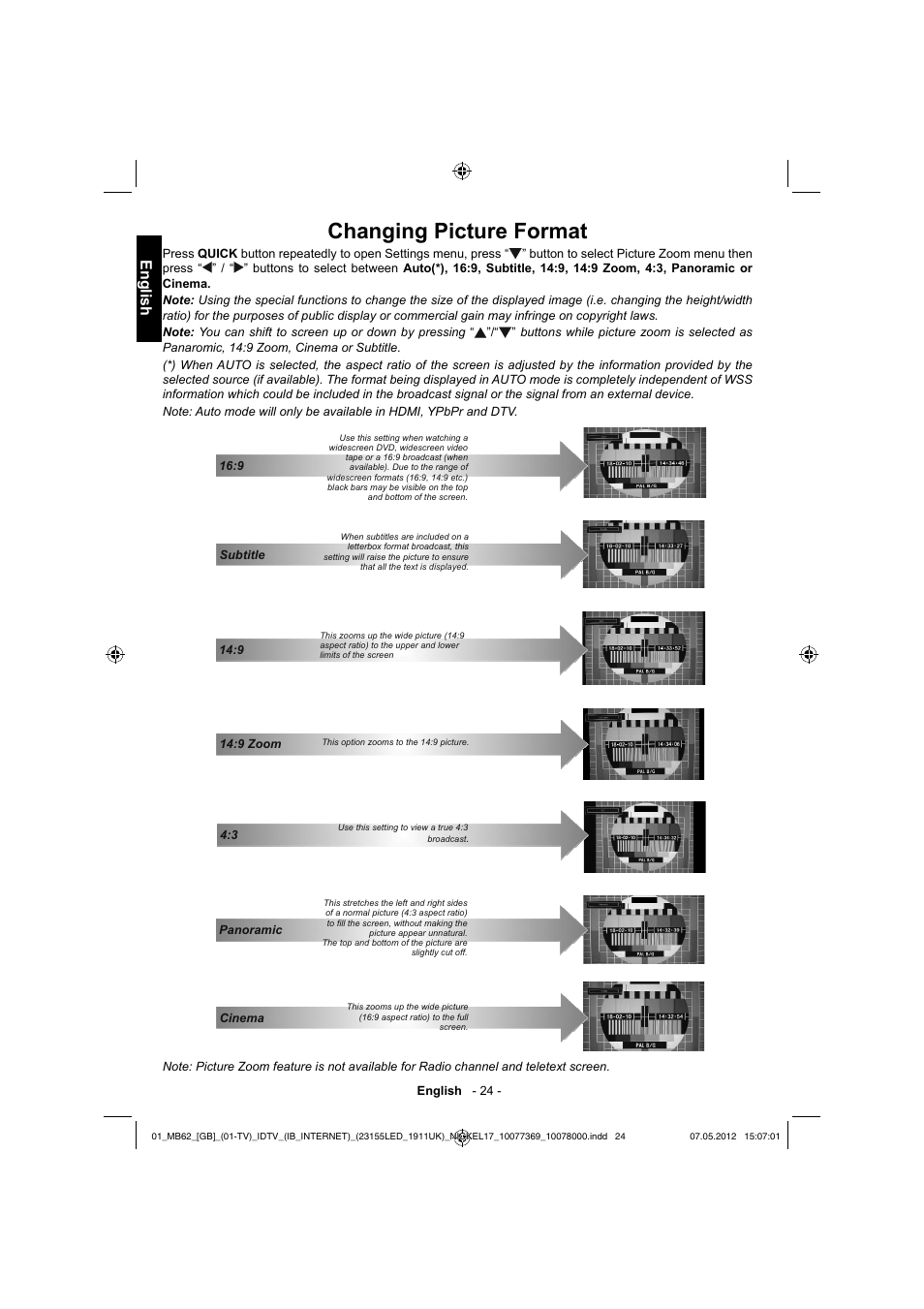 Changing picture format, English | Toshiba KL934 User Manual | Page 25 / 55