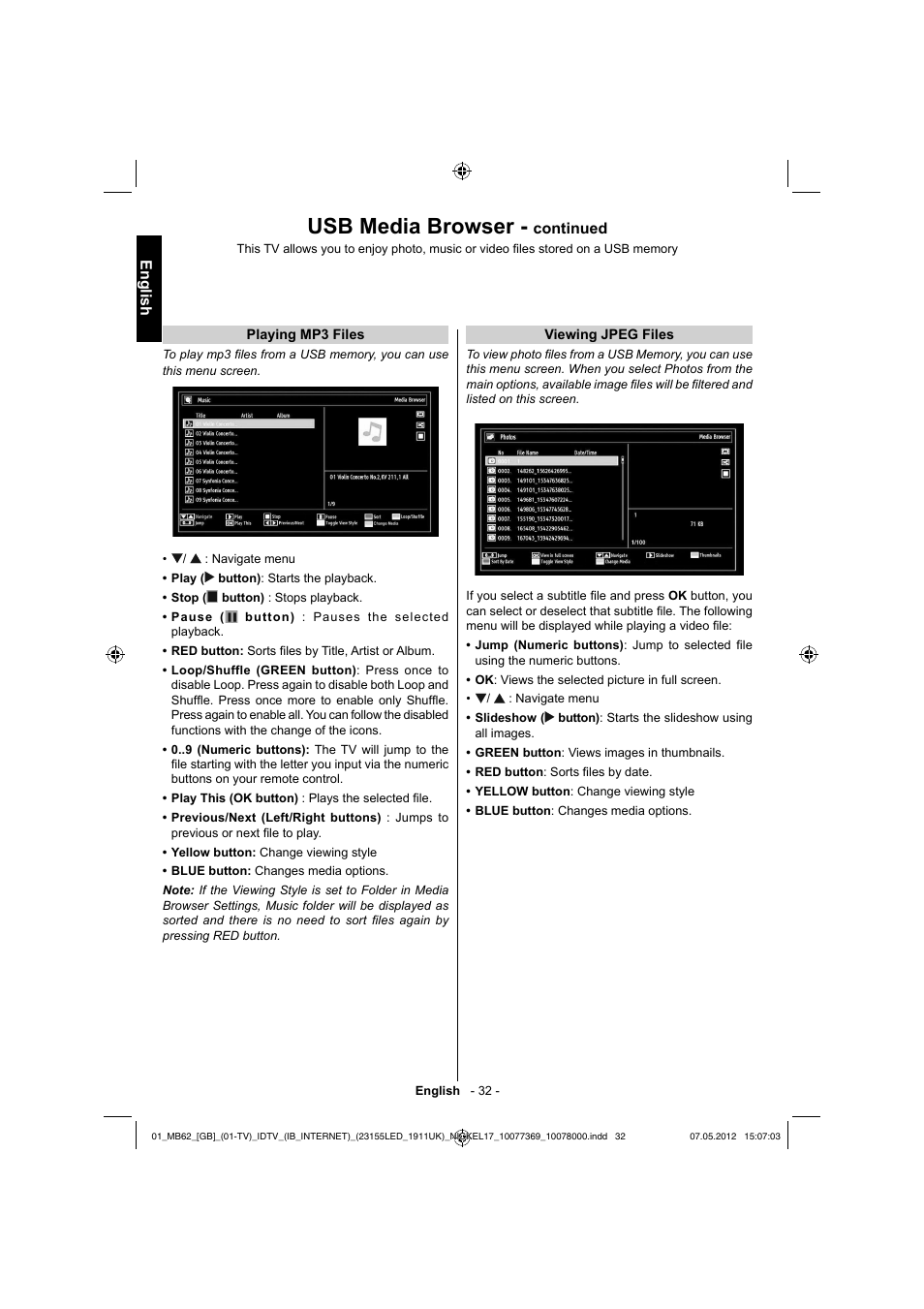 Usb media browser, English, Continued | Toshiba KL934 User Manual | Page 33 / 55