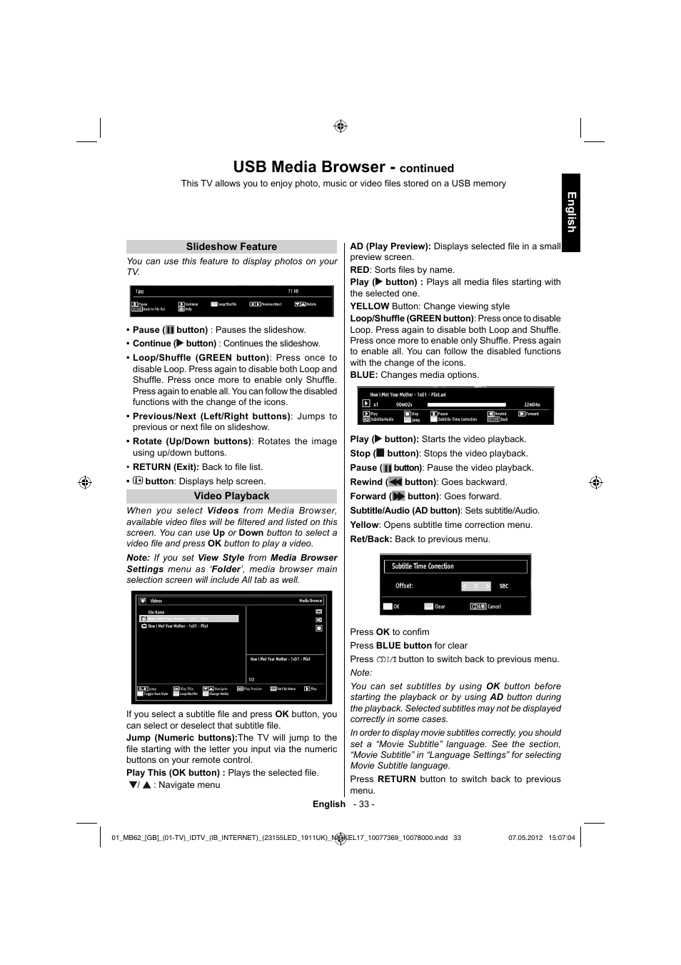 Usb media browser, English, Continued | Toshiba KL934 User Manual | Page 34 / 55