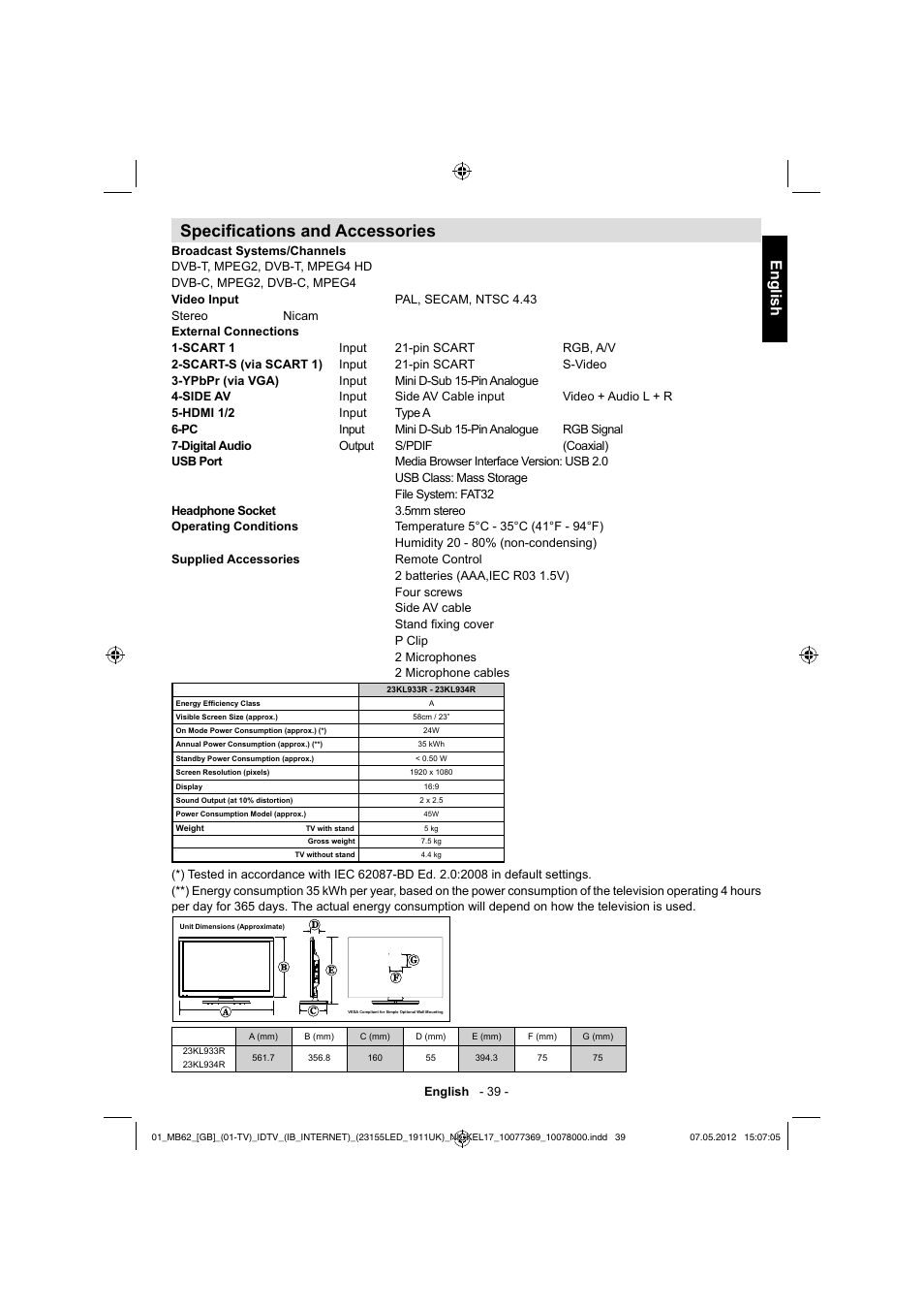 Specifi cations and accessories, English | Toshiba KL934 User Manual | Page 40 / 55