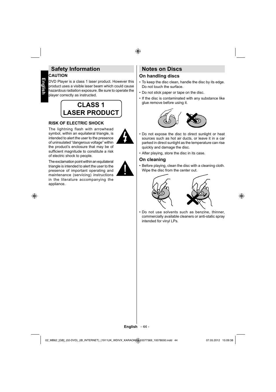 Class 1 laser product, Safety information | Toshiba KL934 User Manual | Page 45 / 55