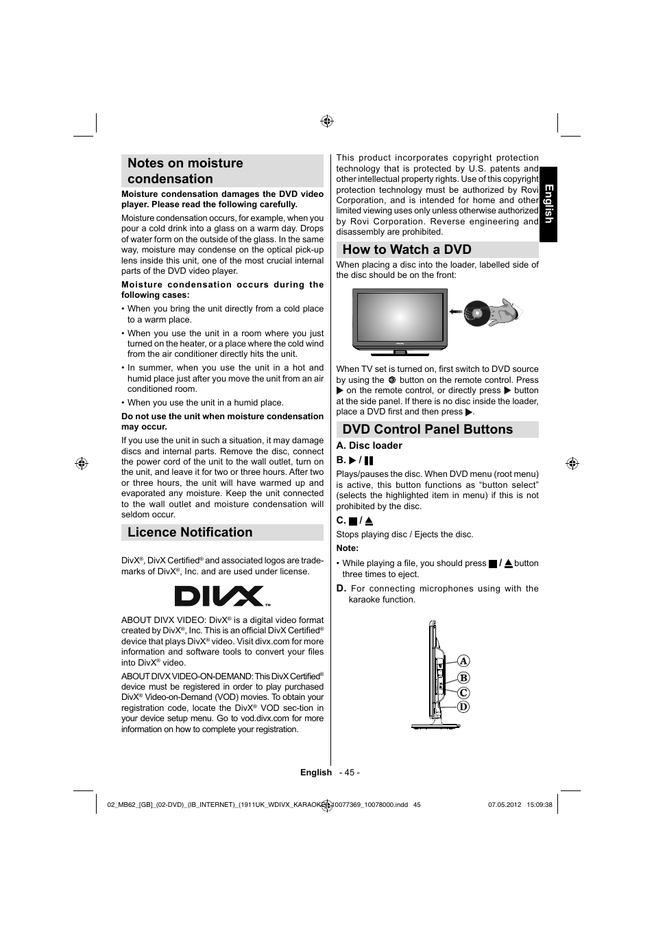 Licence notifi cation, How to watch a dvd, Dvd control panel buttons | English | Toshiba KL934 User Manual | Page 46 / 55