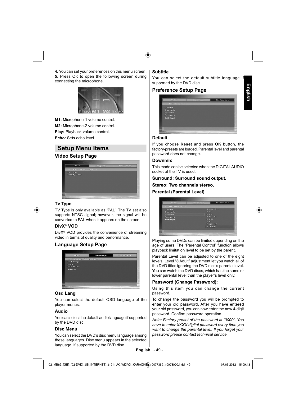 Setup menu items | Toshiba KL934 User Manual | Page 50 / 55