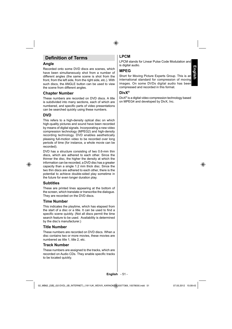 Defi nition of terms | Toshiba KL934 User Manual | Page 52 / 55