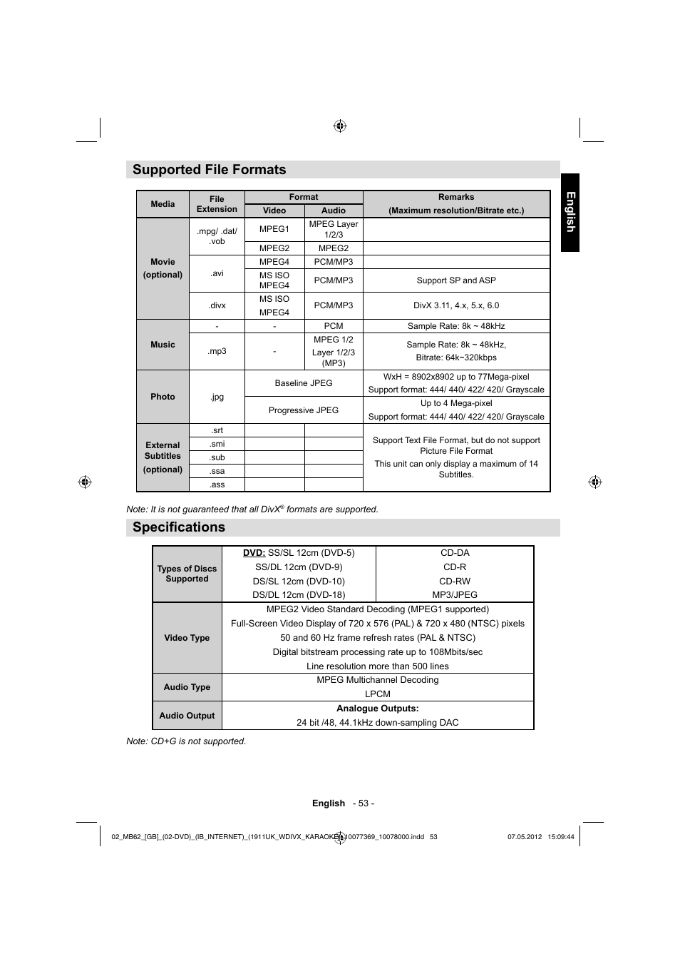 Supported file formats, Specifi cations, English | Toshiba KL934 User Manual | Page 54 / 55