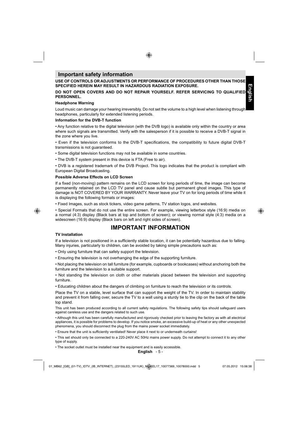 Important information, Important safety information, English | Toshiba KL934 User Manual | Page 6 / 55