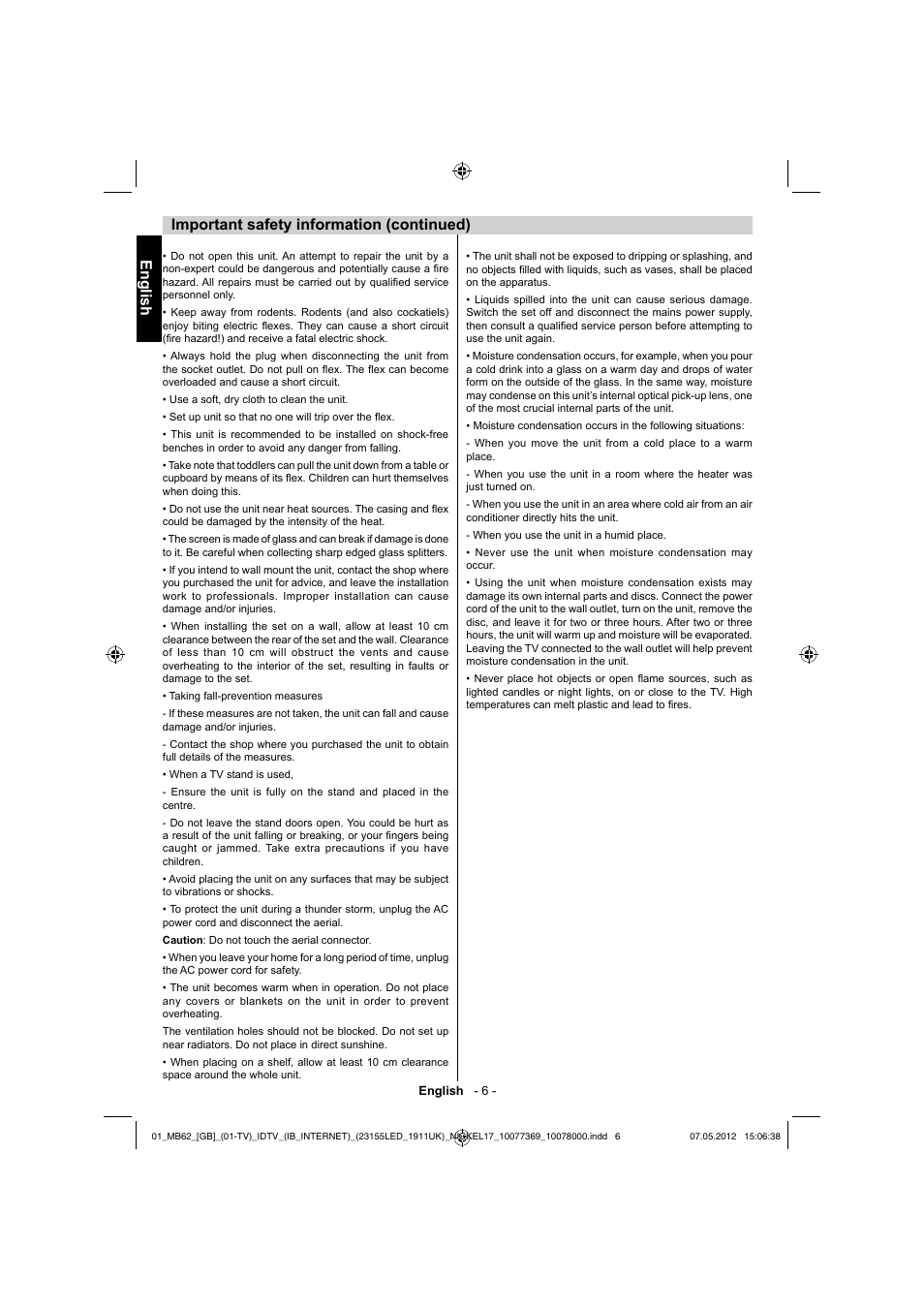 English, Important safety information (continued) | Toshiba KL934 User Manual | Page 7 / 55