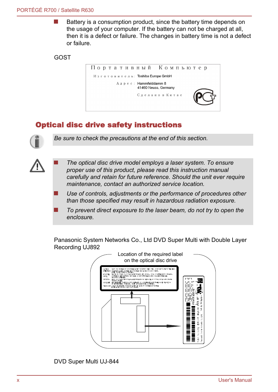 Optical disc drive safety instructions | Toshiba PORTEGE R700 User Manual | Page 10 / 191