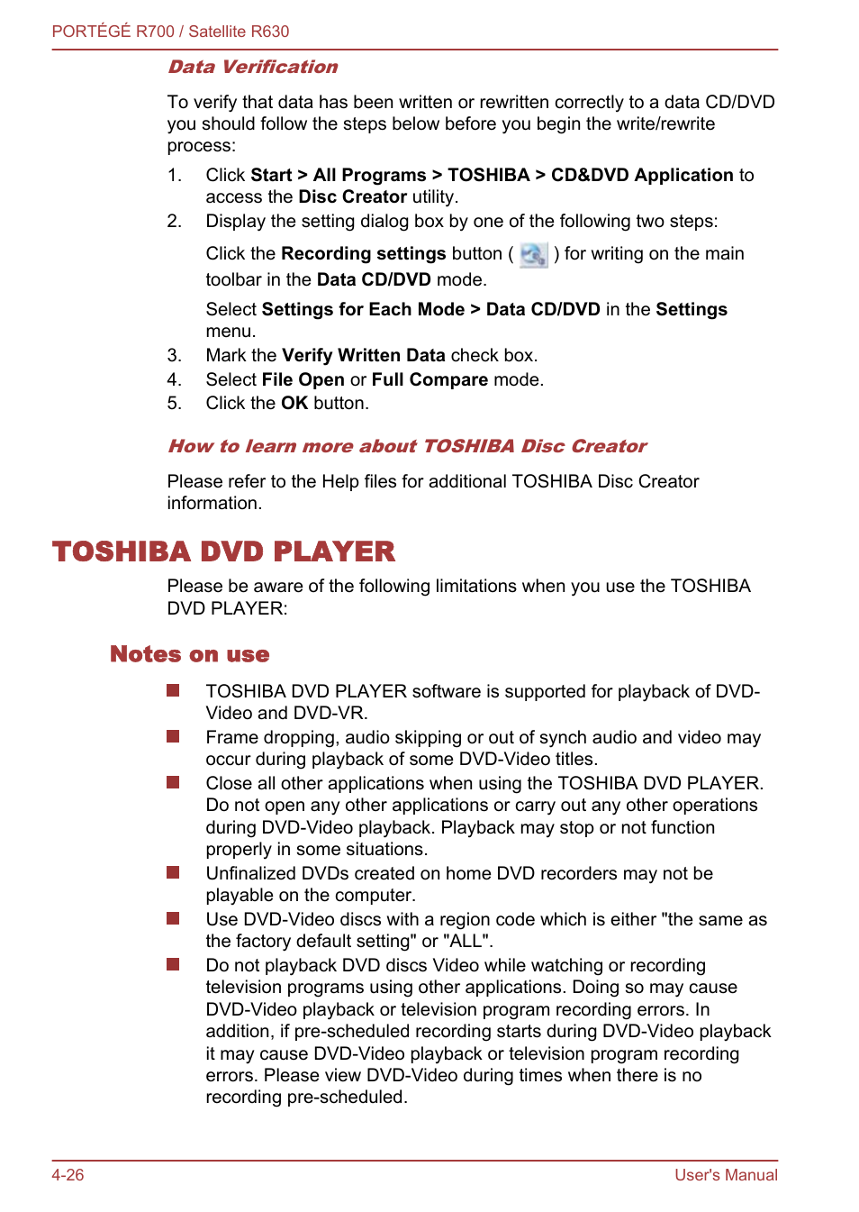 Toshiba dvd player, Notes on use, Toshiba dvd player -26 | Section in | Toshiba PORTEGE R700 User Manual | Page 106 / 191