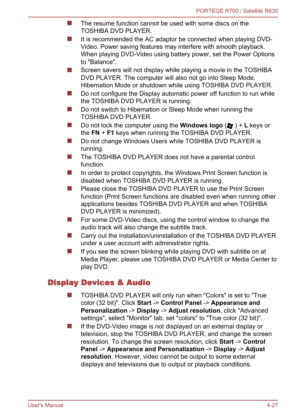 Display devices & audio | Toshiba PORTEGE R700 User Manual | Page 107 / 191