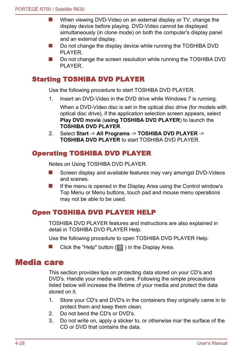 Starting toshiba dvd player, Operating toshiba dvd player, Open toshiba dvd player help | Media care, Media care -28 | Toshiba PORTEGE R700 User Manual | Page 108 / 191