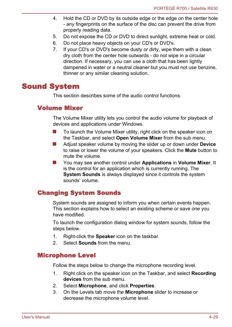 Sound system, Volume mixer, Changing system sounds | Microphone level, Sound system -29, To the, Section in chapter 4 | Toshiba PORTEGE R700 User Manual | Page 109 / 191