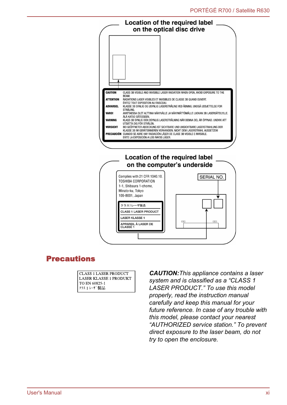 Precautions | Toshiba PORTEGE R700 User Manual | Page 11 / 191