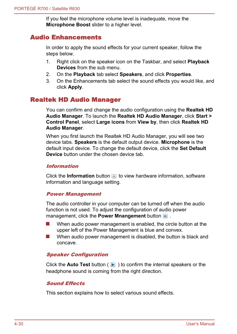 Audio enhancements, Realtek hd audio manager | Toshiba PORTEGE R700 User Manual | Page 110 / 191