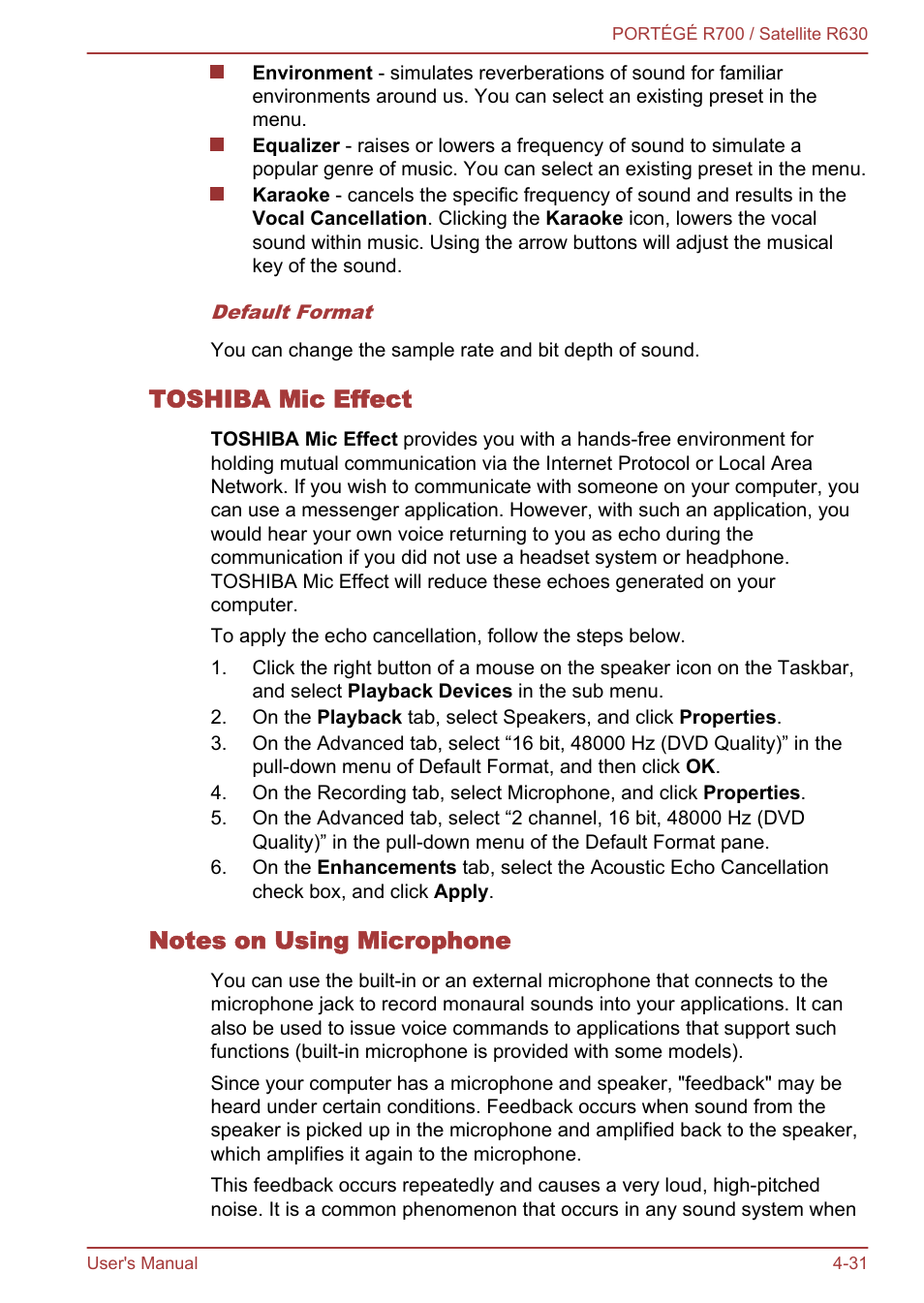 Toshiba mic effect, Notes on using microphone | Toshiba PORTEGE R700 User Manual | Page 111 / 191