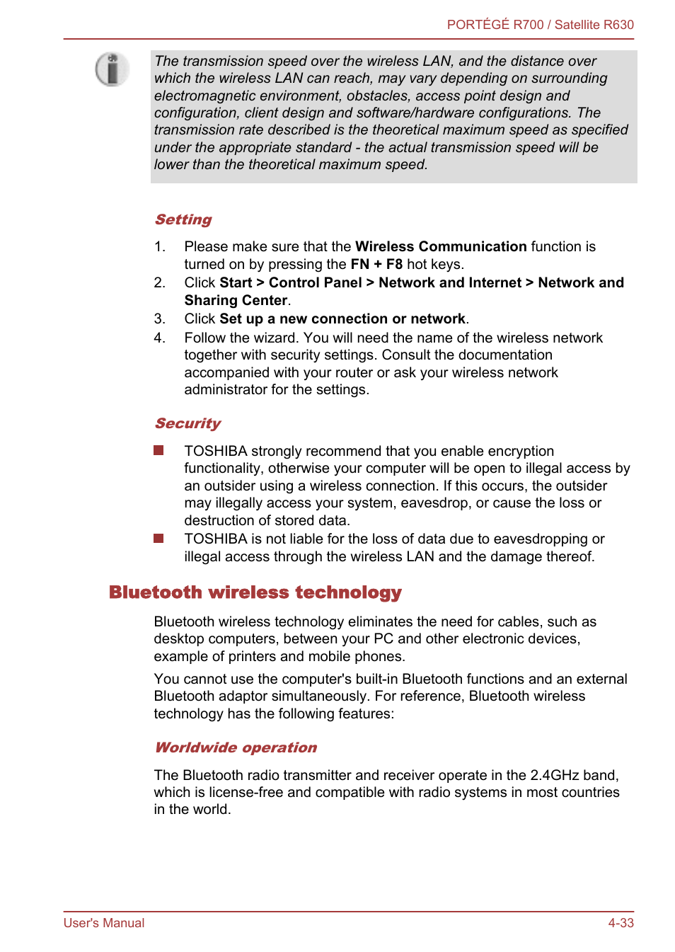 Bluetooth wireless technology | Toshiba PORTEGE R700 User Manual | Page 113 / 191