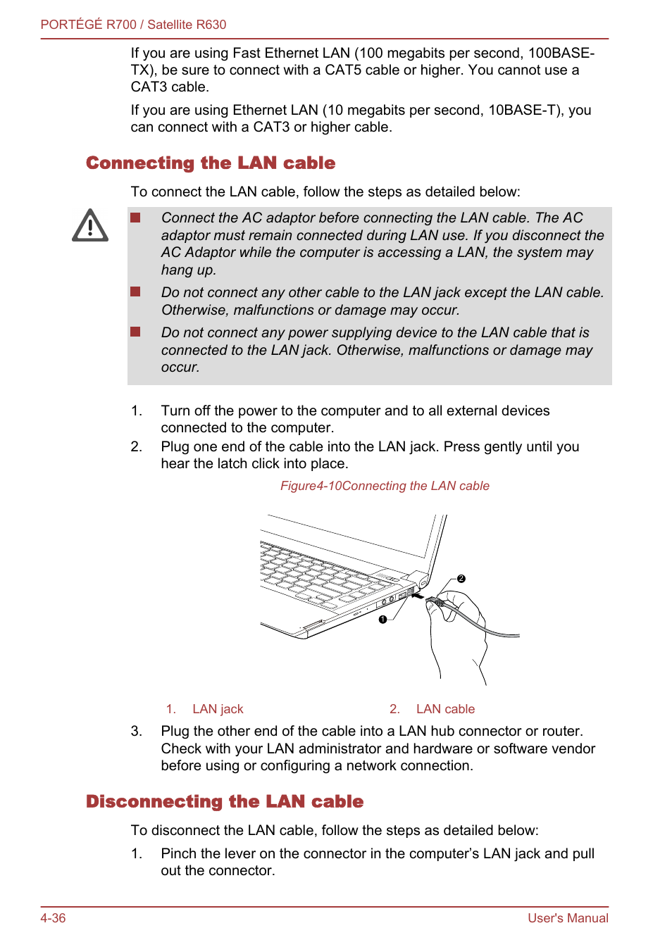 Connecting the lan cable, Disconnecting the lan cable | Toshiba PORTEGE R700 User Manual | Page 116 / 191