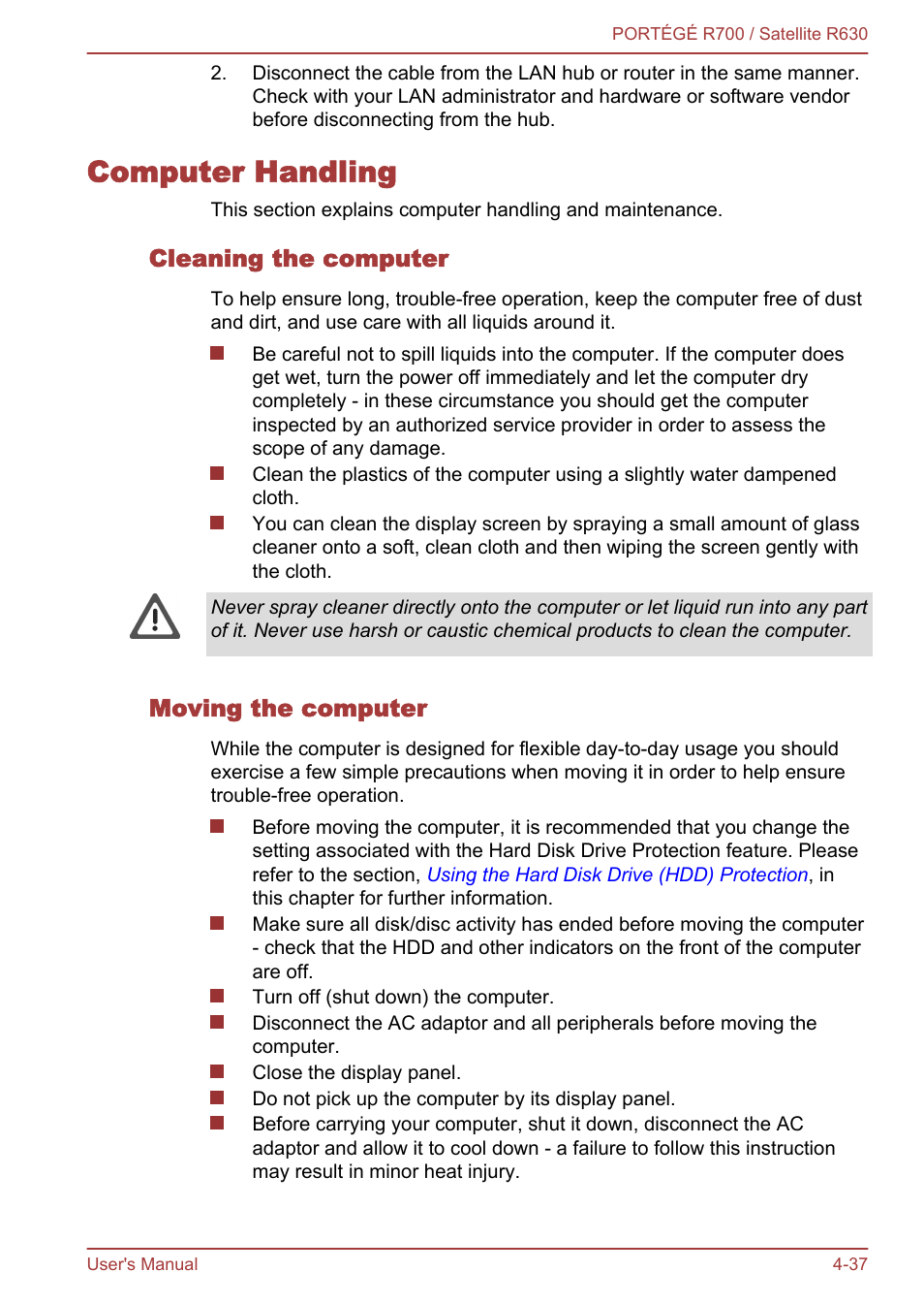 Computer handling, Cleaning the computer, Moving the computer | Computer handling -37 | Toshiba PORTEGE R700 User Manual | Page 117 / 191