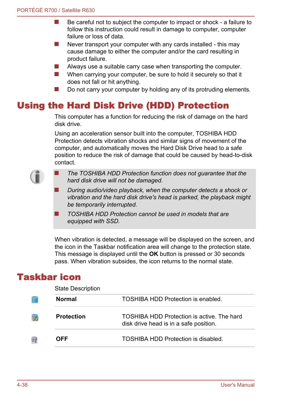 Using the hard disk drive (hdd) protection, Taskbar icon, To-disk contact. refer to the | Using the hard disk, Drive (hdd) protection, Section in chapter 4 | Toshiba PORTEGE R700 User Manual | Page 118 / 191