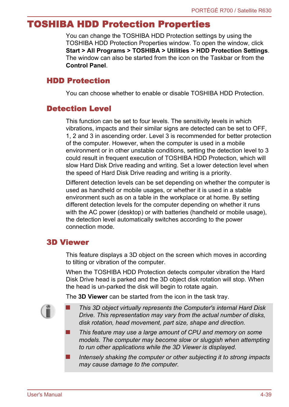 Toshiba hdd protection properties, Hdd protection, Detection level | 3d viewer, Toshiba hdd protection properties -39 | Toshiba PORTEGE R700 User Manual | Page 119 / 191